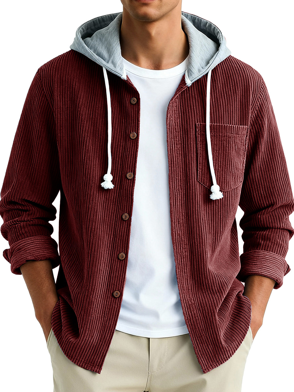 Men's Fashion Vintage Stitching Pit Strip Long Sleeve Pocket Hooded Shirt