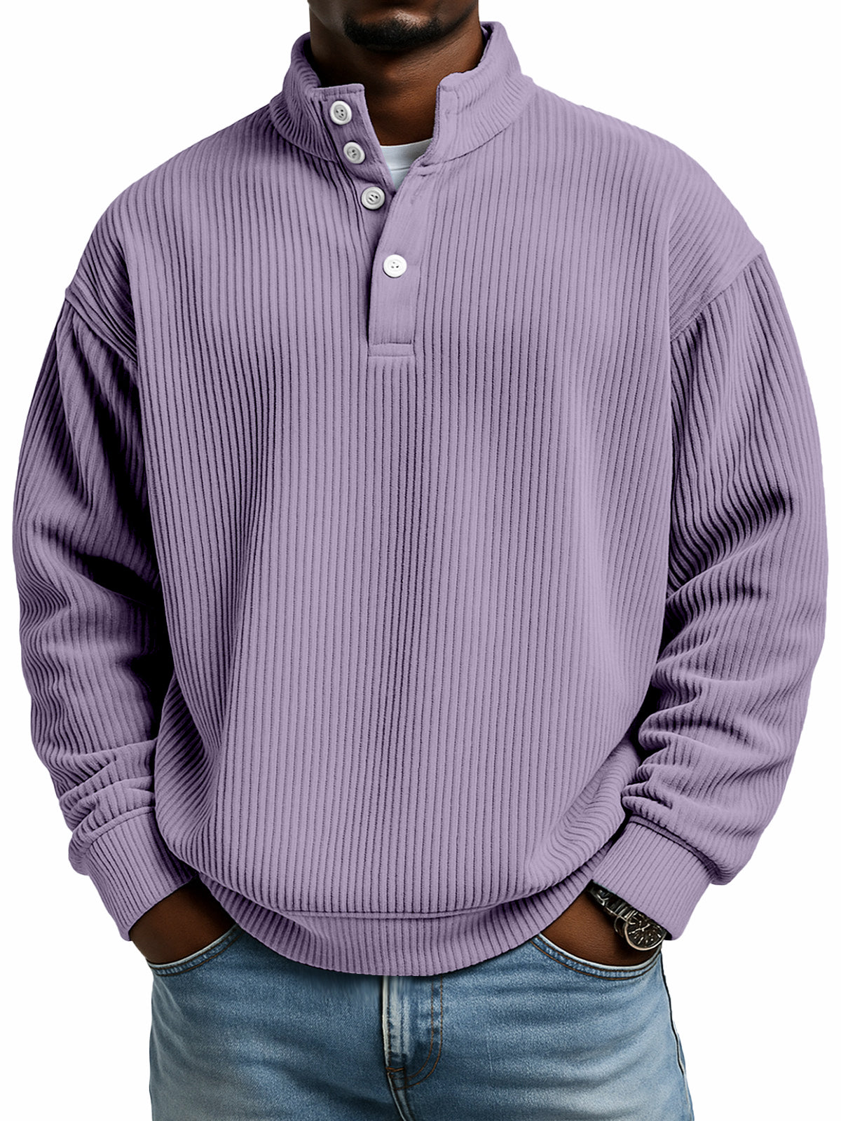 Simple casual solid color vertical ribbed texture four-button stand collar long sleeve sweatshirt
