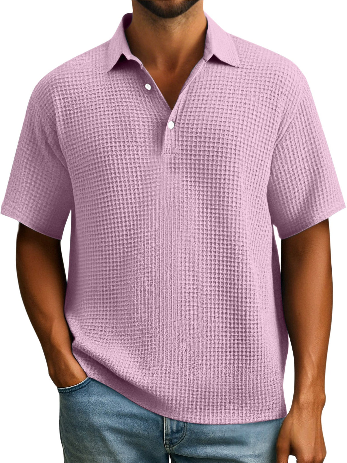 Men's Simple Everyday Solid Color Waffle Button Lapel Short Sleeve Polo Shirt