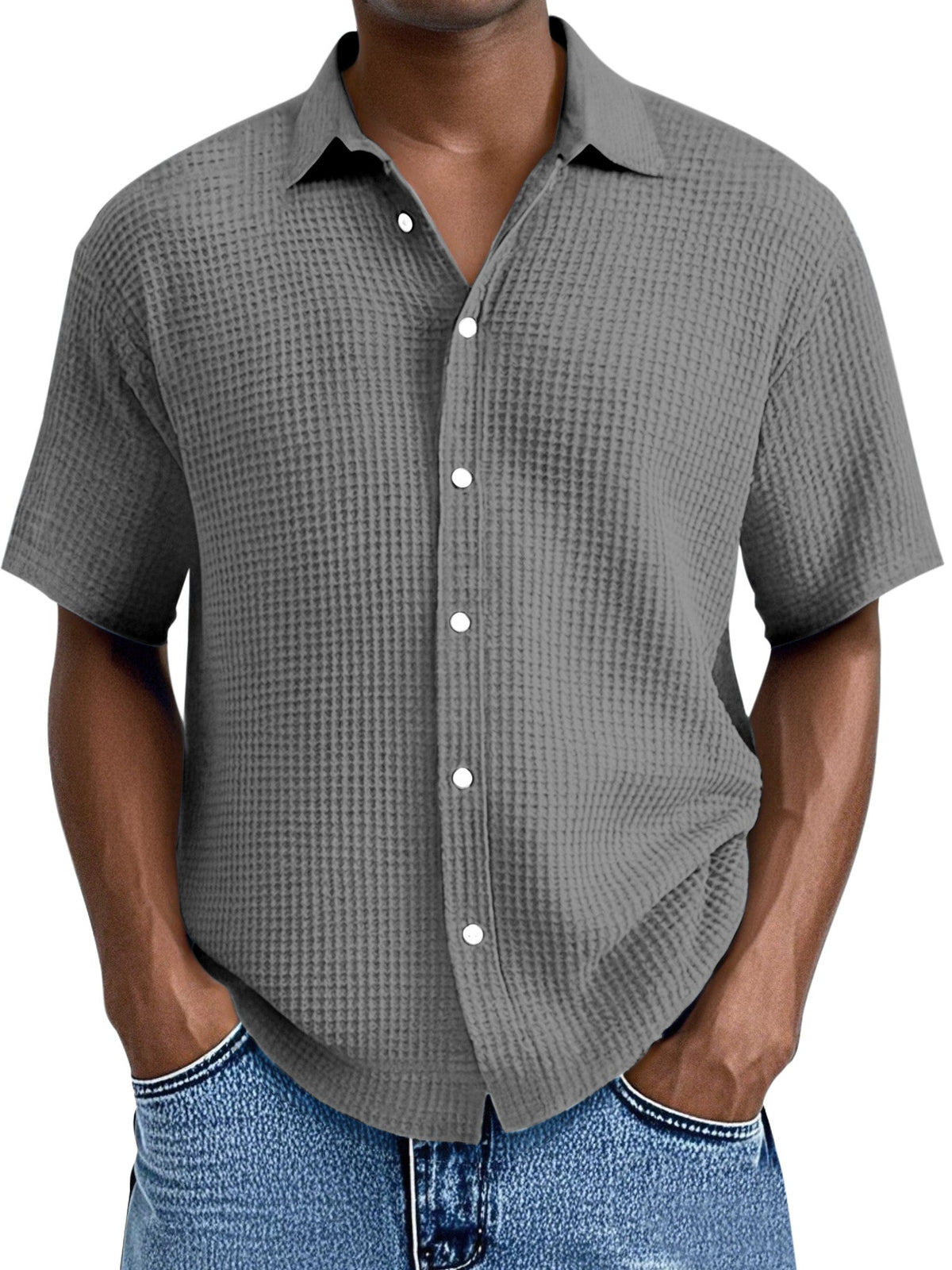 Men's Everyday Loose Waffle Textured Lapel Button-down Short Sleeve Shirt