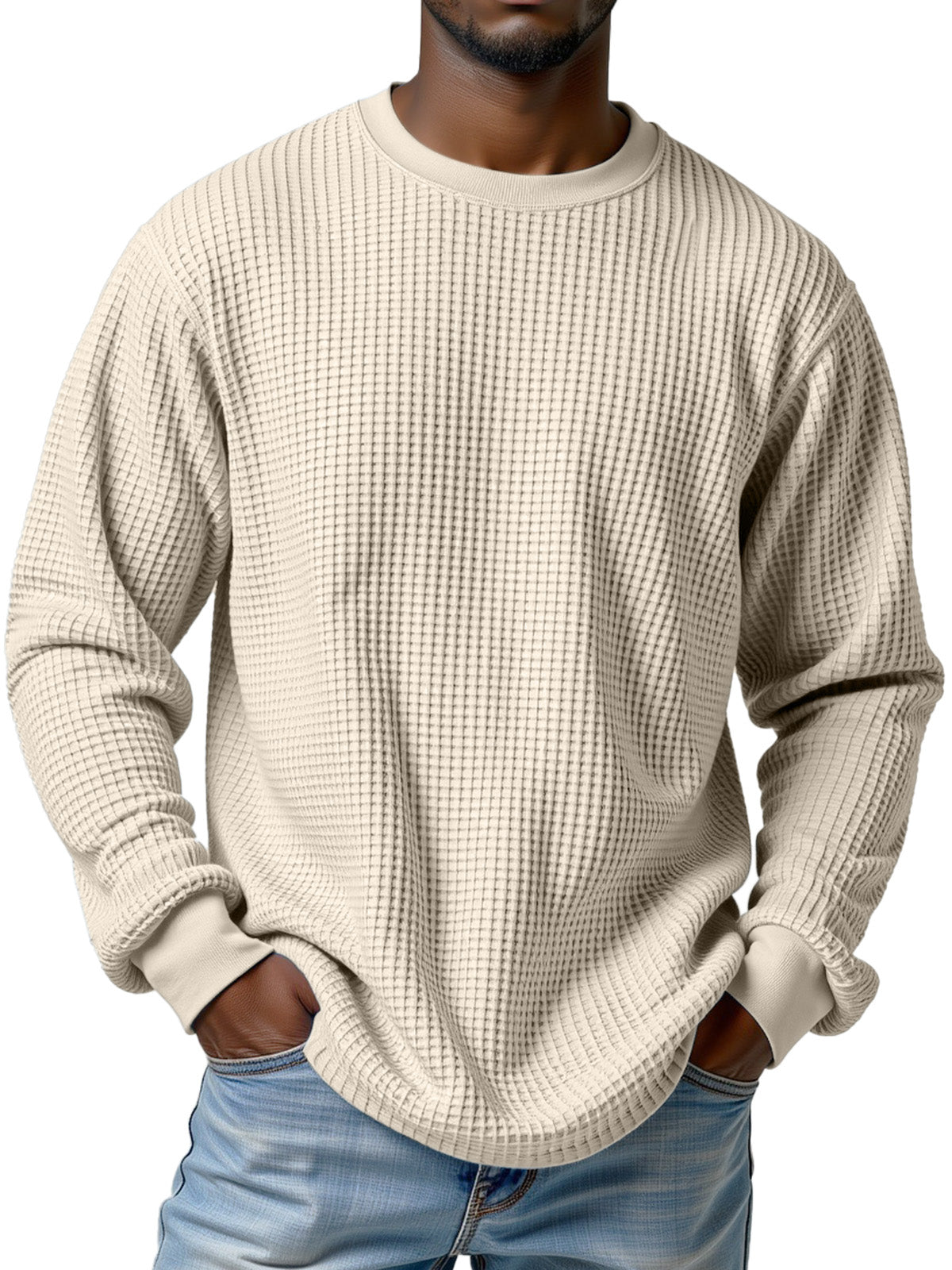 Men's Casual Solid Color Waffle Round Neck Long Sleeve T-shirt