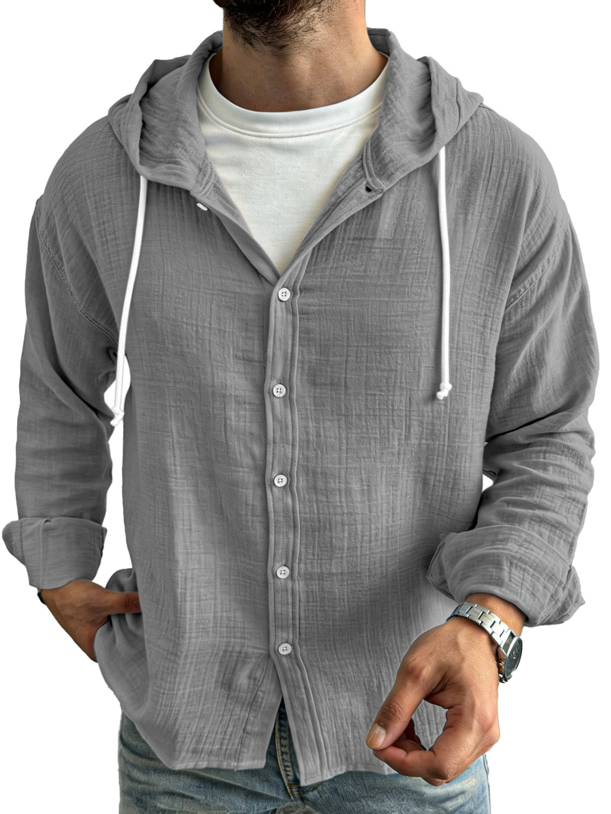 Men's simple casual comfortable loose buttoned hooded long sleeve shirt