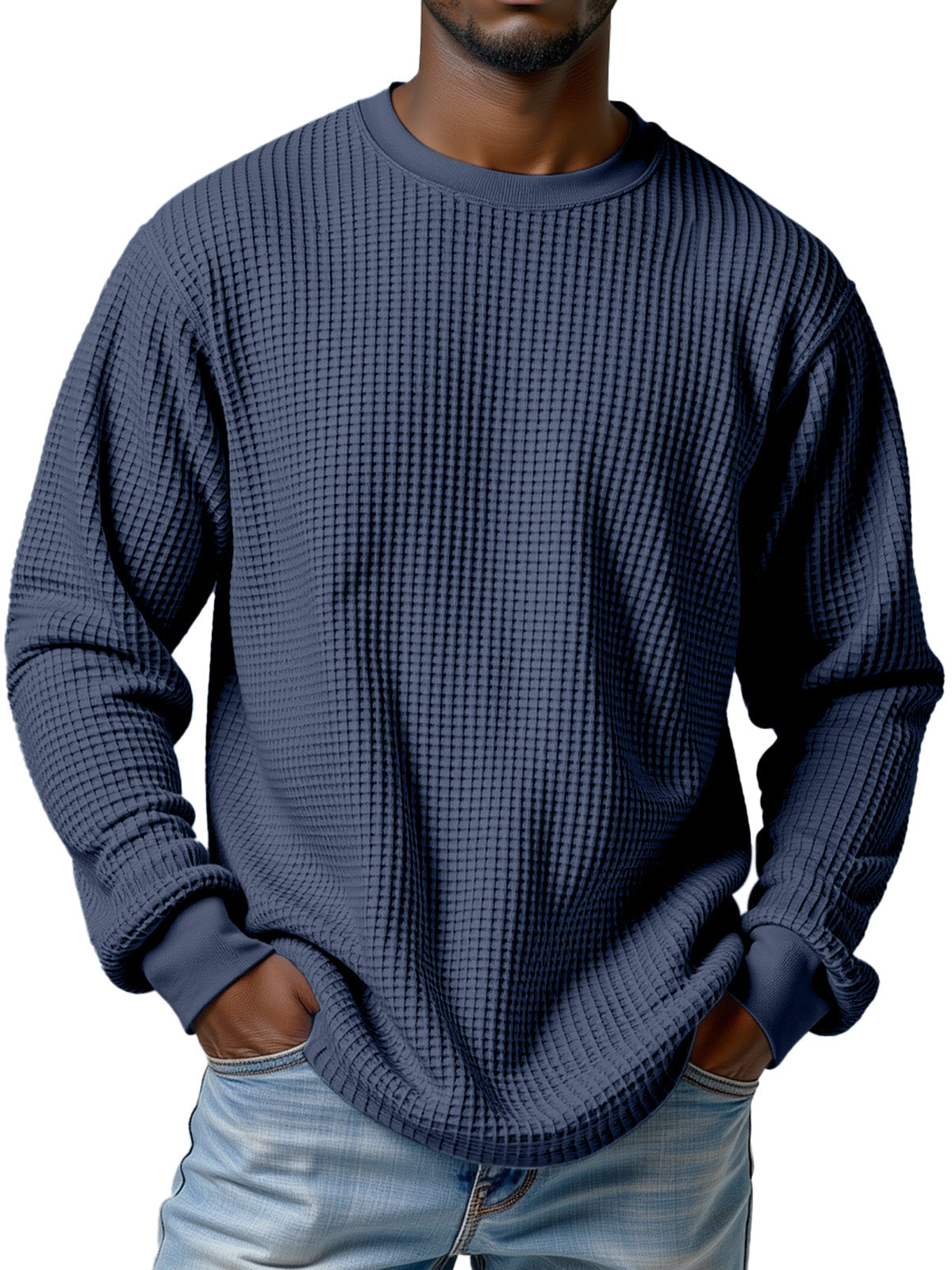 Men's Casual Solid Color Waffle Round Neck Long Sleeve T-shirt