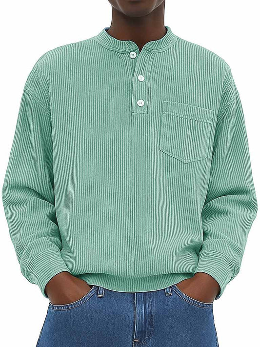 Men's Fashion Casual Ribbed Fabric Stand Collar Long Sleeve Henley Shirt