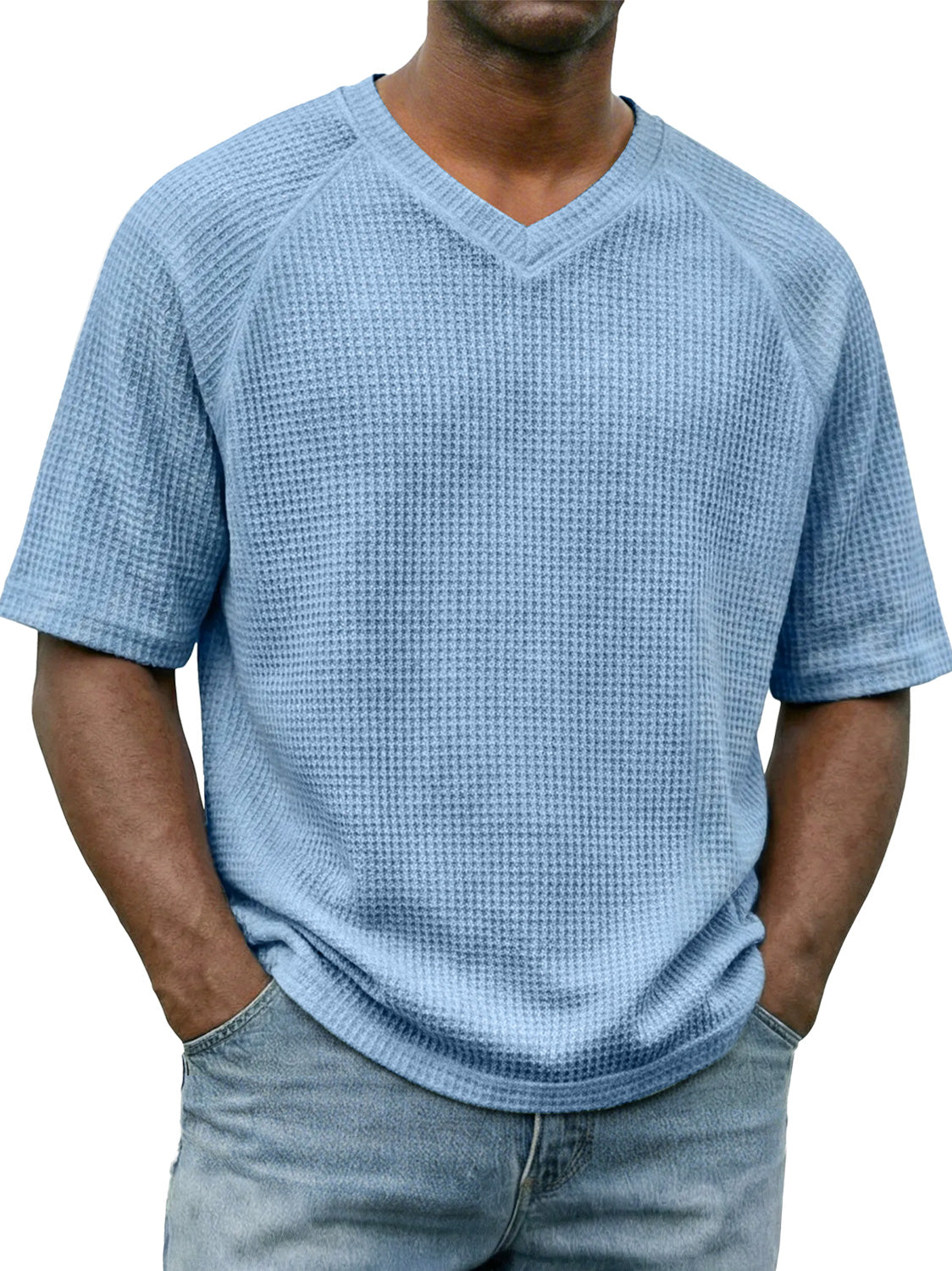 Men's Waffle-knit V-neck Raglan Sleeve Casual Solid Color Short-sleeved Shirt