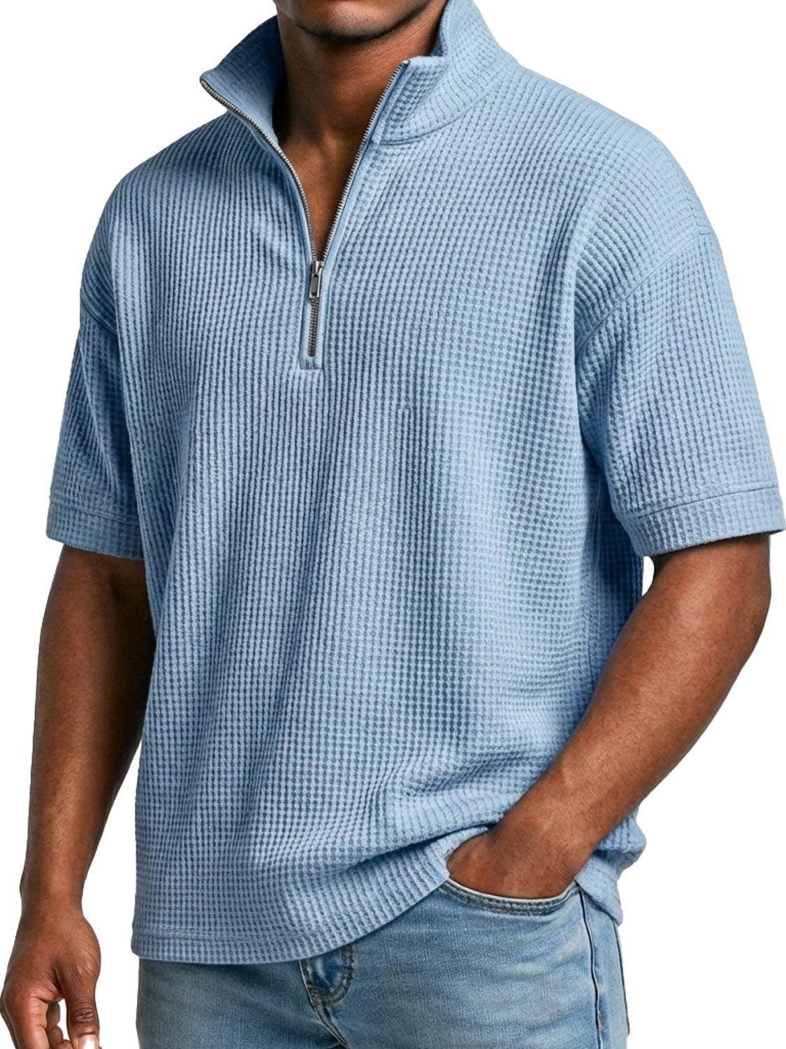 Men's Waffle-knit Simple Stand-collar Zip-up Casual Short-sleeved T-shir