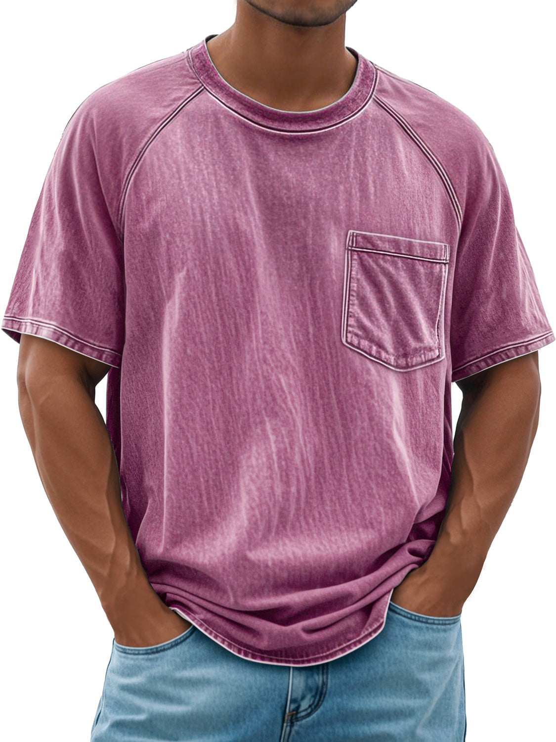 Men's Retro Round Neck Raglan Pocket Casual Short Sleeve T-Shirt