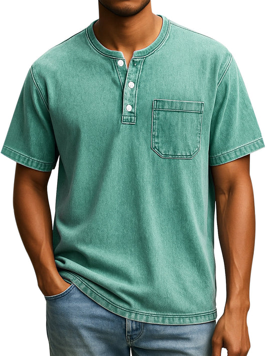 Men's Retro Casual Simple Solid Color Button Short Sleeve Henley Shirt