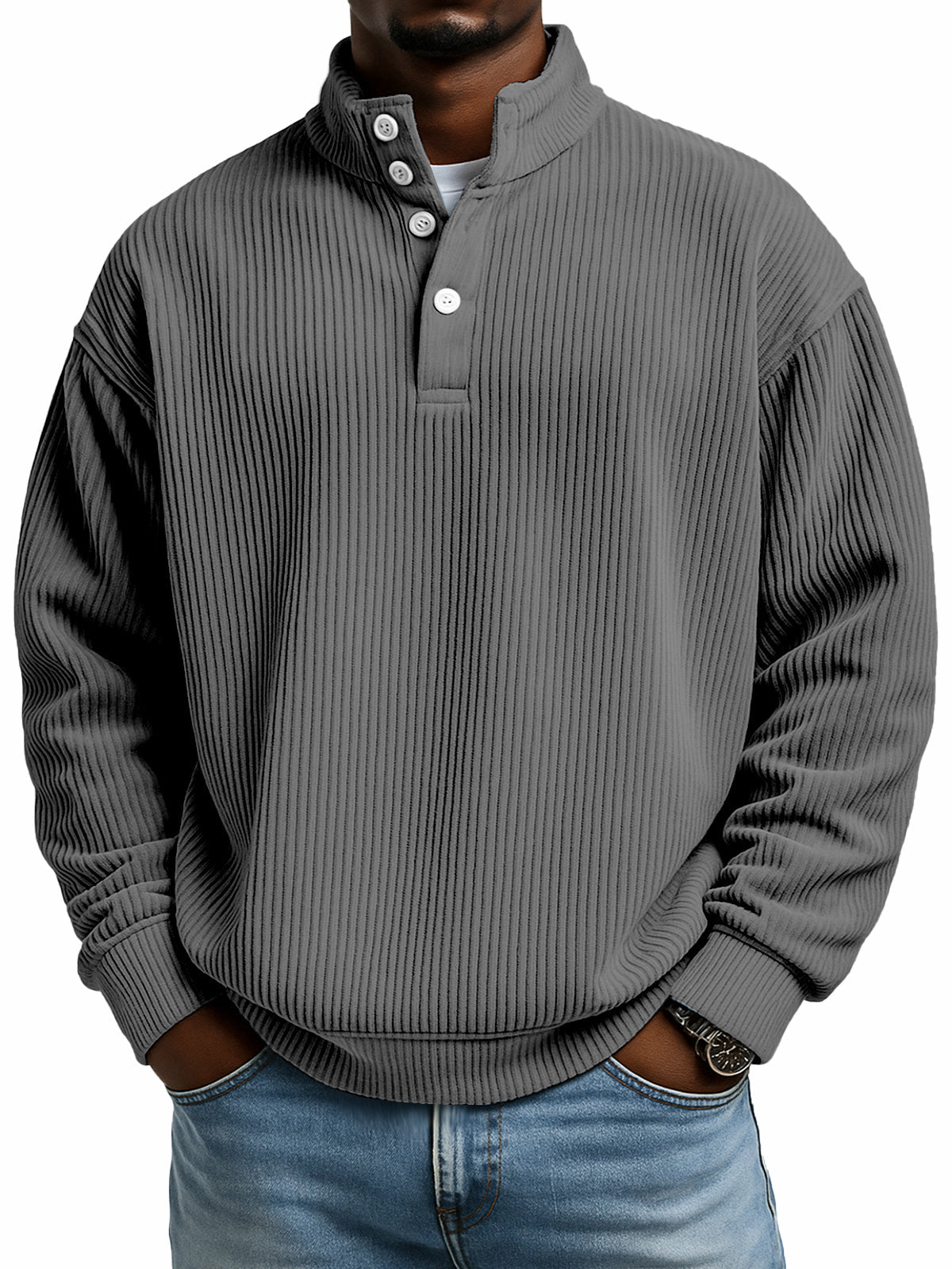 Simple casual solid color vertical ribbed texture four-button stand collar long sleeve sweatshirt