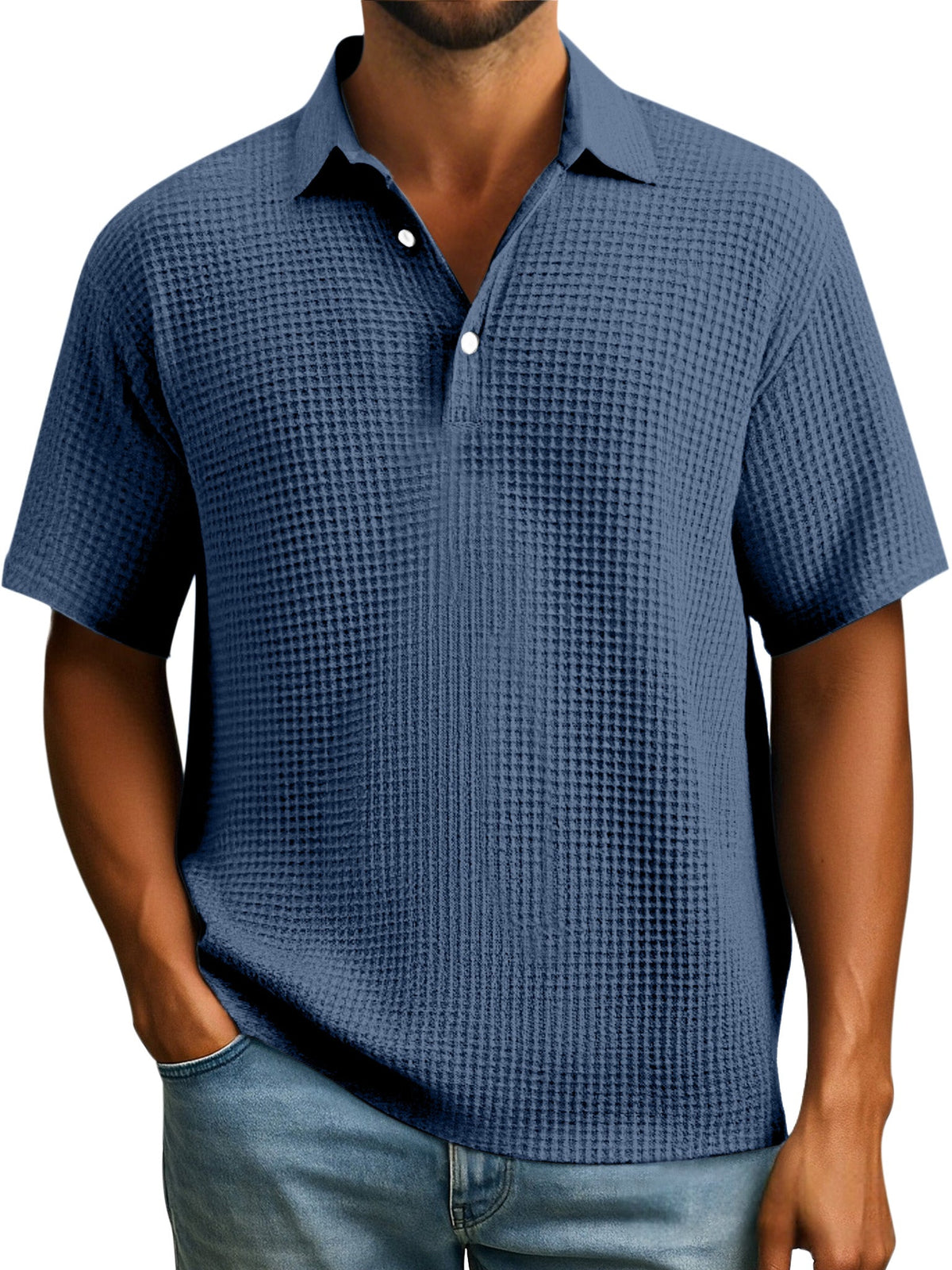 Men's Simple Everyday Solid Color Waffle Button Lapel Short Sleeve Polo Shirt