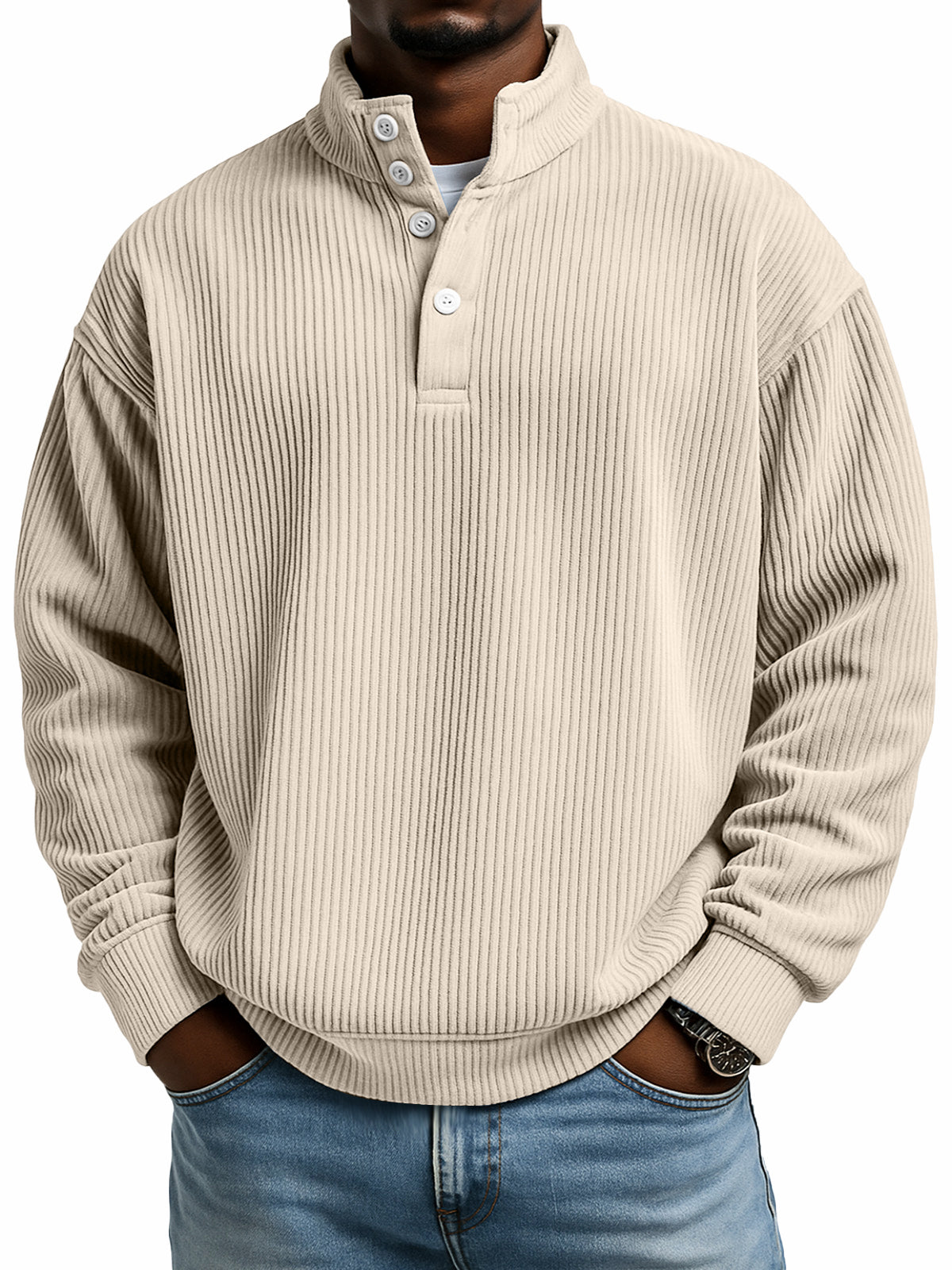 Simple casual solid color vertical ribbed texture four-button stand collar long sleeve sweatshirt