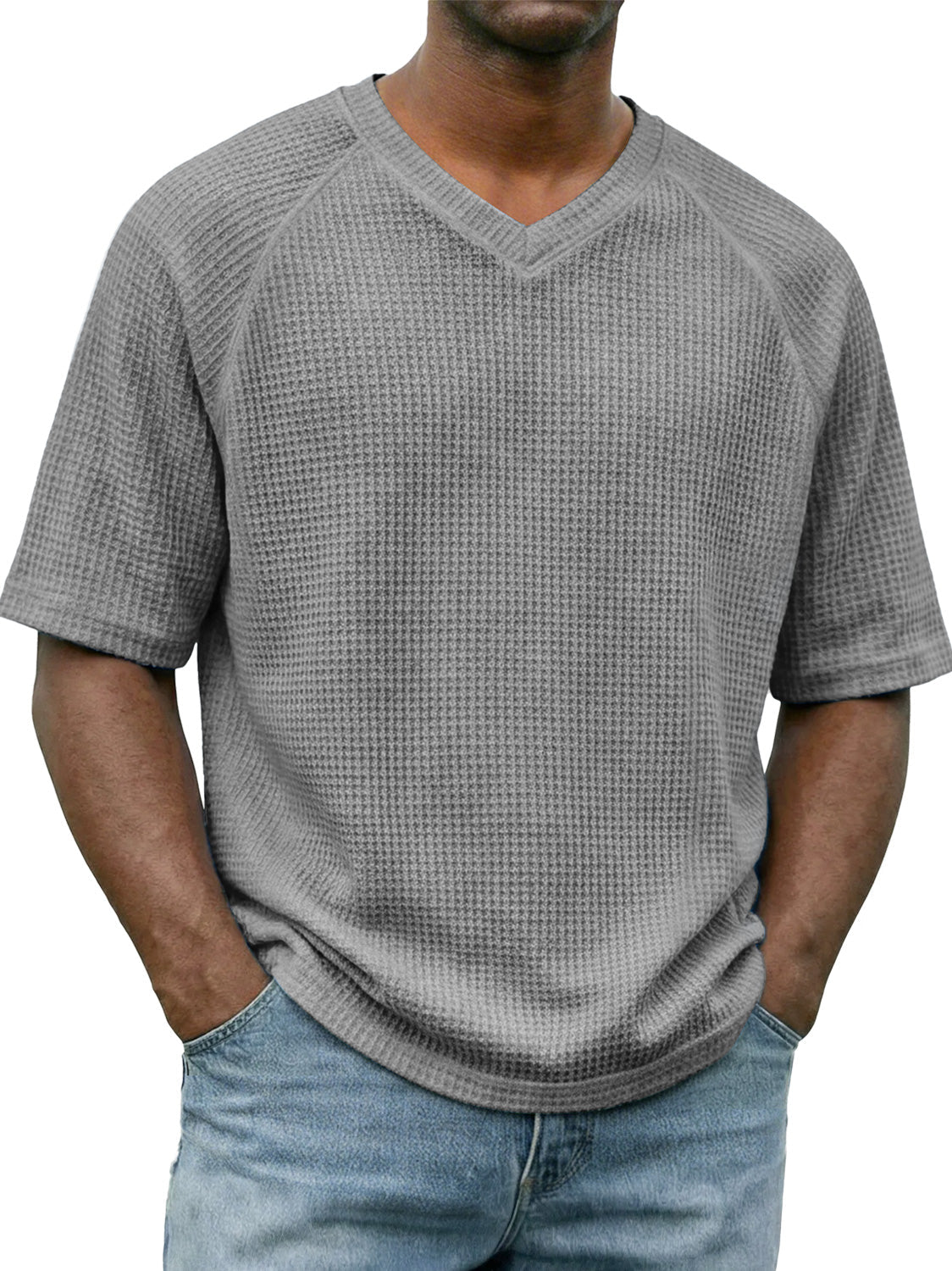 Men's Waffle-knit V-neck Raglan Sleeve Casual Solid Color Short-sleeved Shirt
