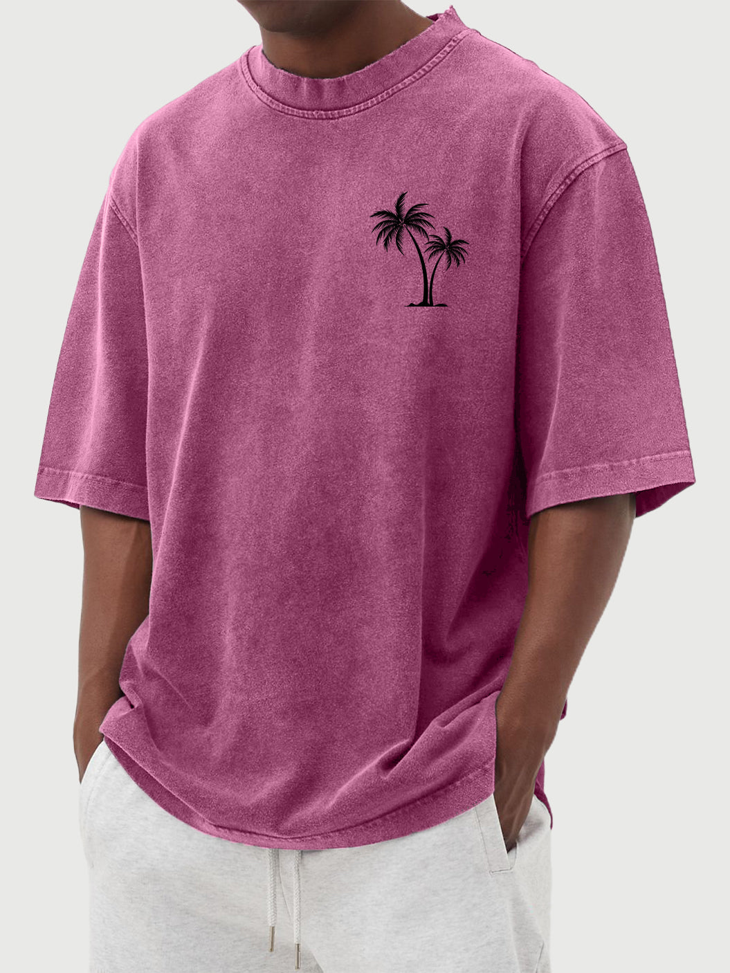 Men's Cotton Washed Distressed Palm Tree Print Short Sleeved Round Neck T-shirt