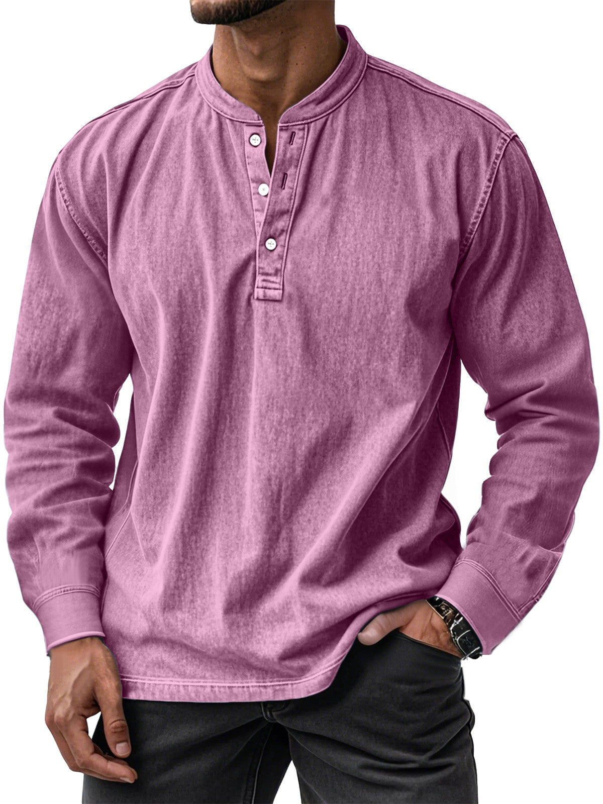 Men's Retro Casual Solid Color Long Sleeve Henley Shirt
