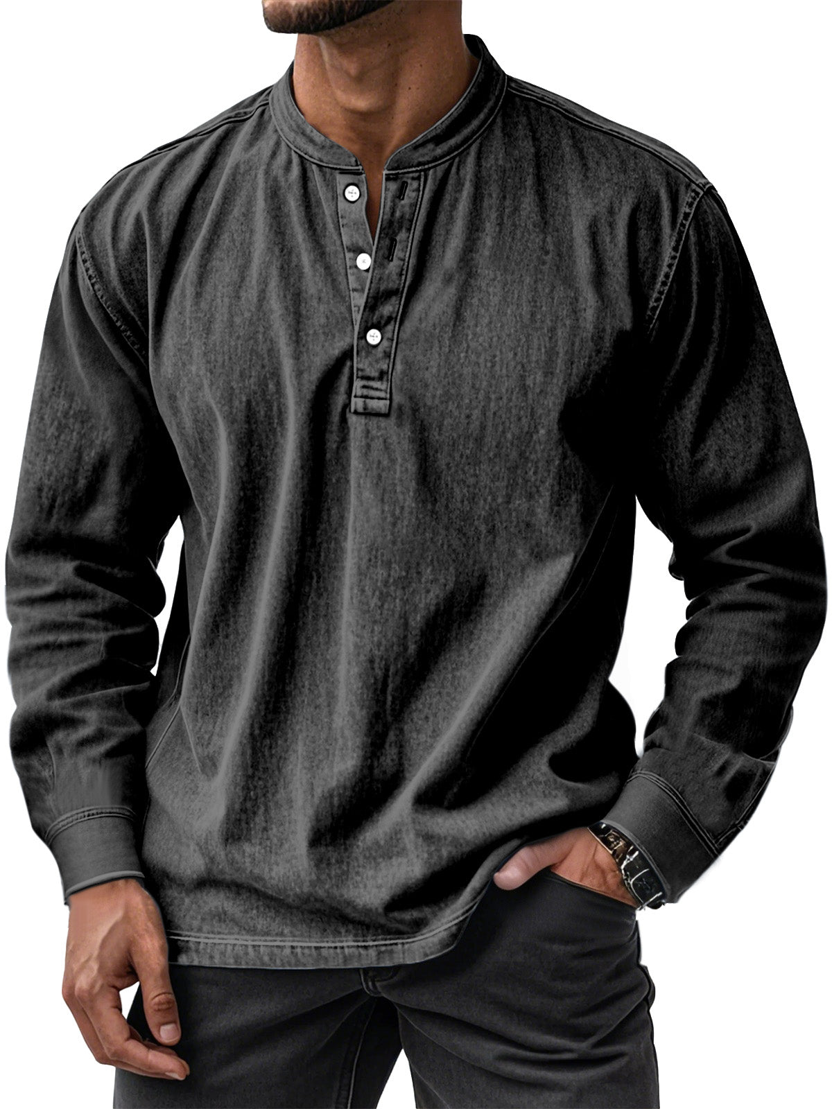 Men's Retro Casual Solid Color Long Sleeve Henley Shirt