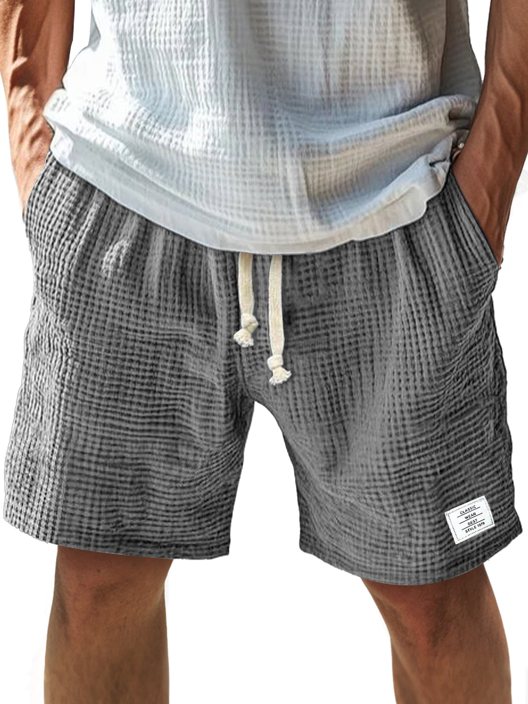 Men's Everyday Texture Embroidered Logo Elastic Waist Drawstring Comfort Shorts
