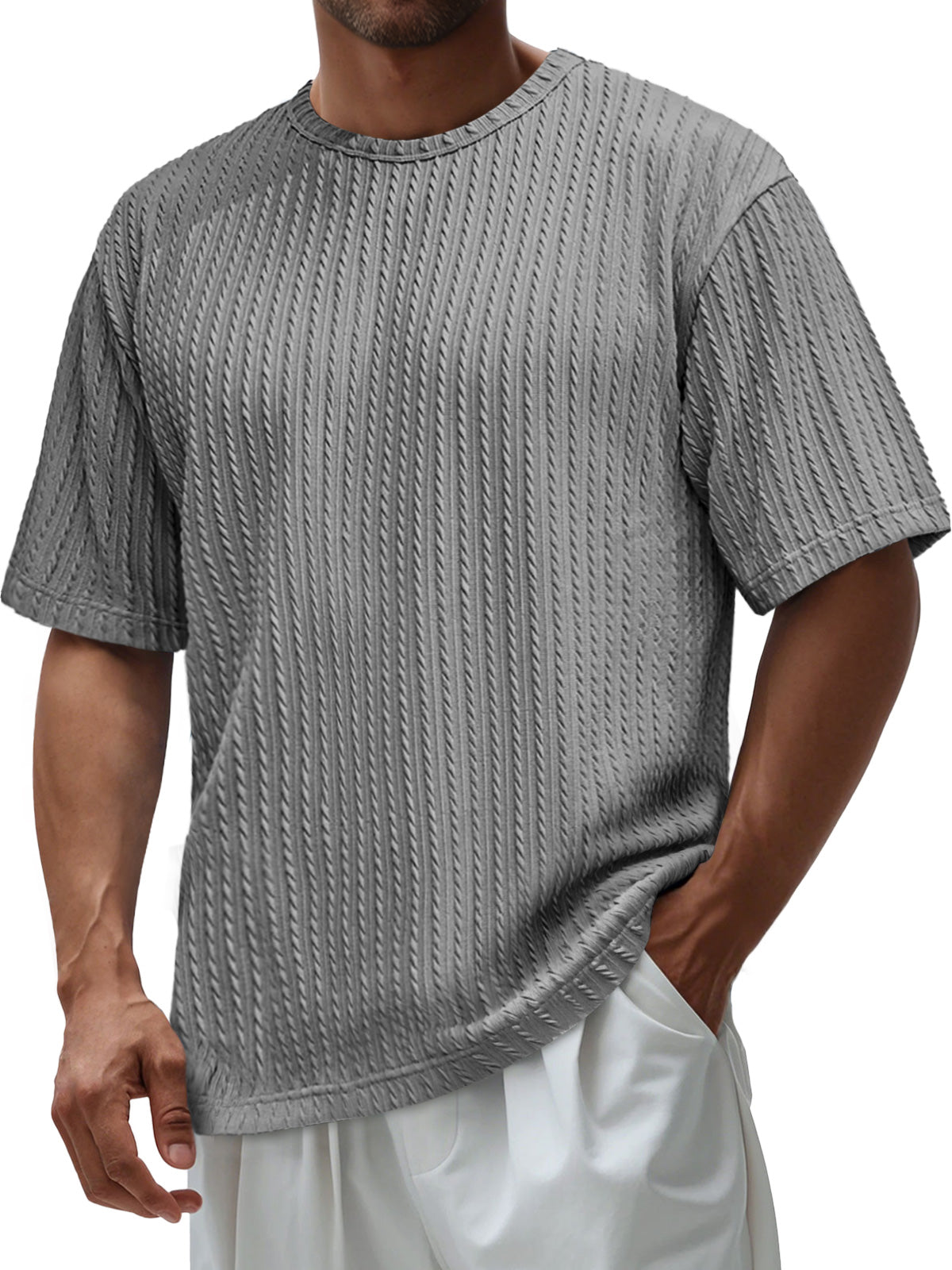 Men's Daily Round Neck Jacquard Texture Casual Solid Color Short-sleeved T-shirt