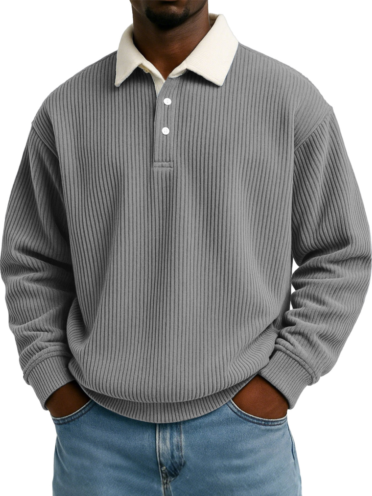 Men's Solid Color Vertical Strip Texture Contrast Color Long Sleeve Lapel Sweatshirt