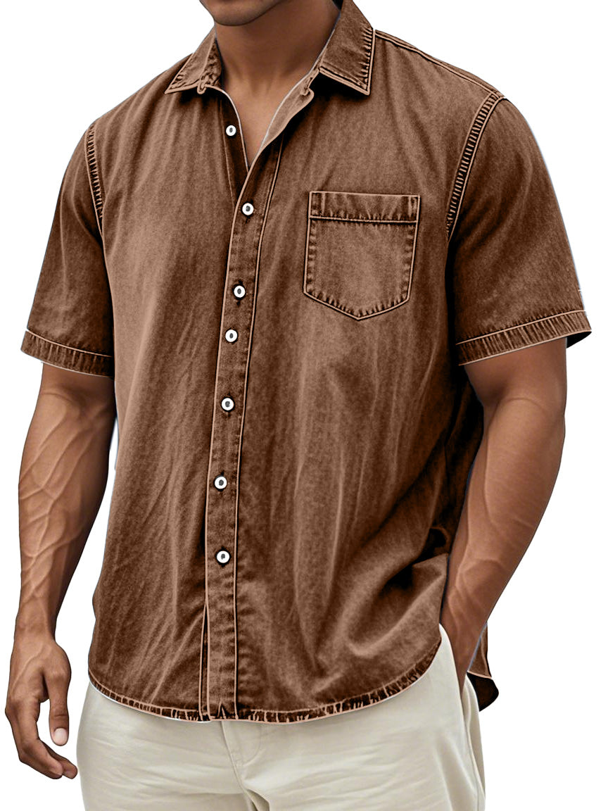 Men's Retro Solid Color Simple Everyday Short Sleeve Button Lapel Shirt