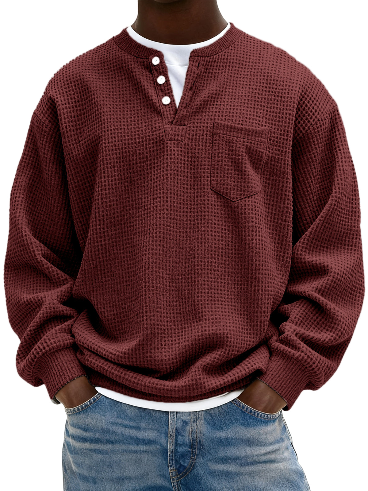 Men's Simple Waffle Henley Pullover with Chest Pocket