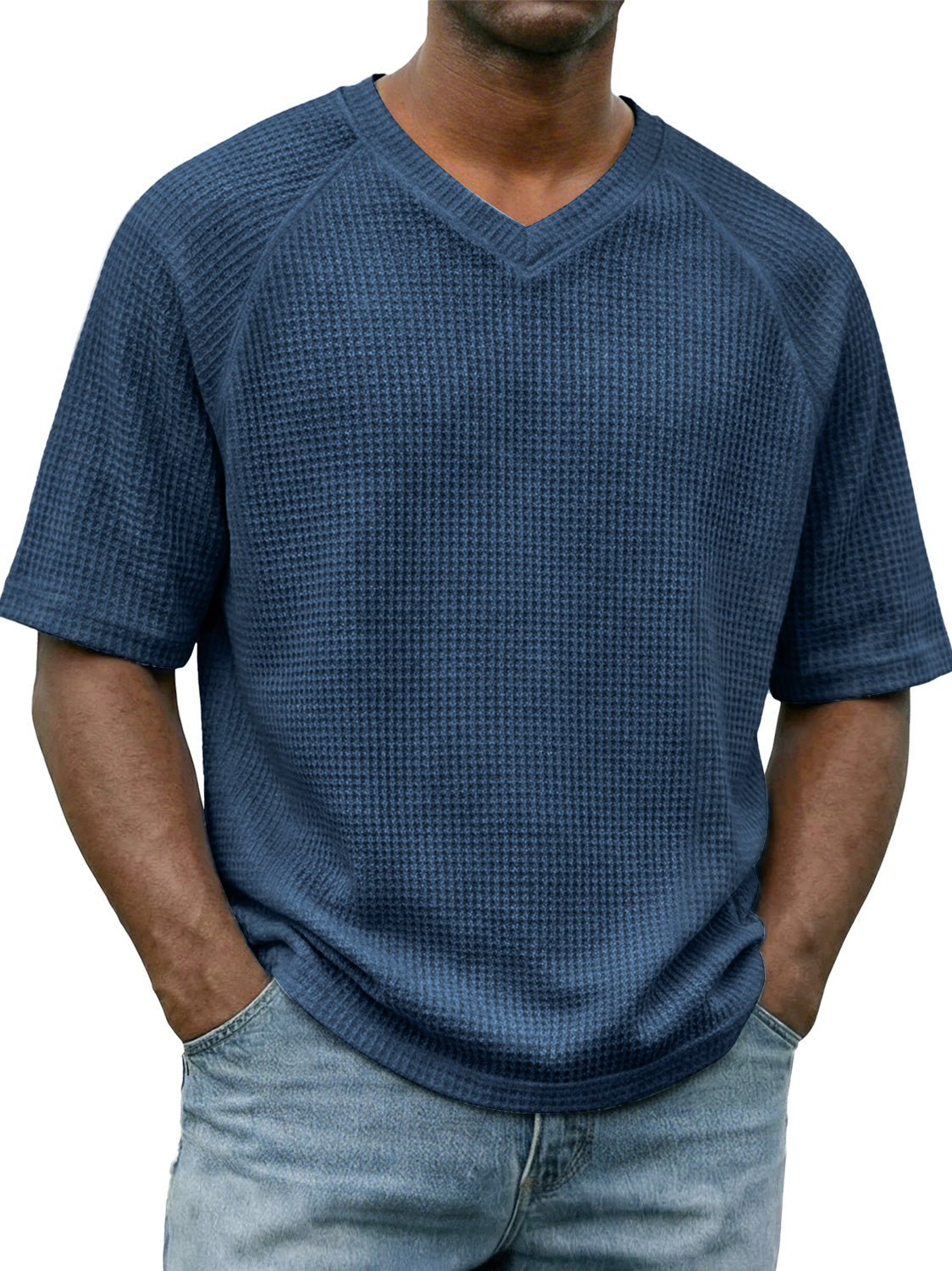 Men's Waffle-knit V-neck Raglan Sleeve Casual Solid Color Short-sleeved Shirt