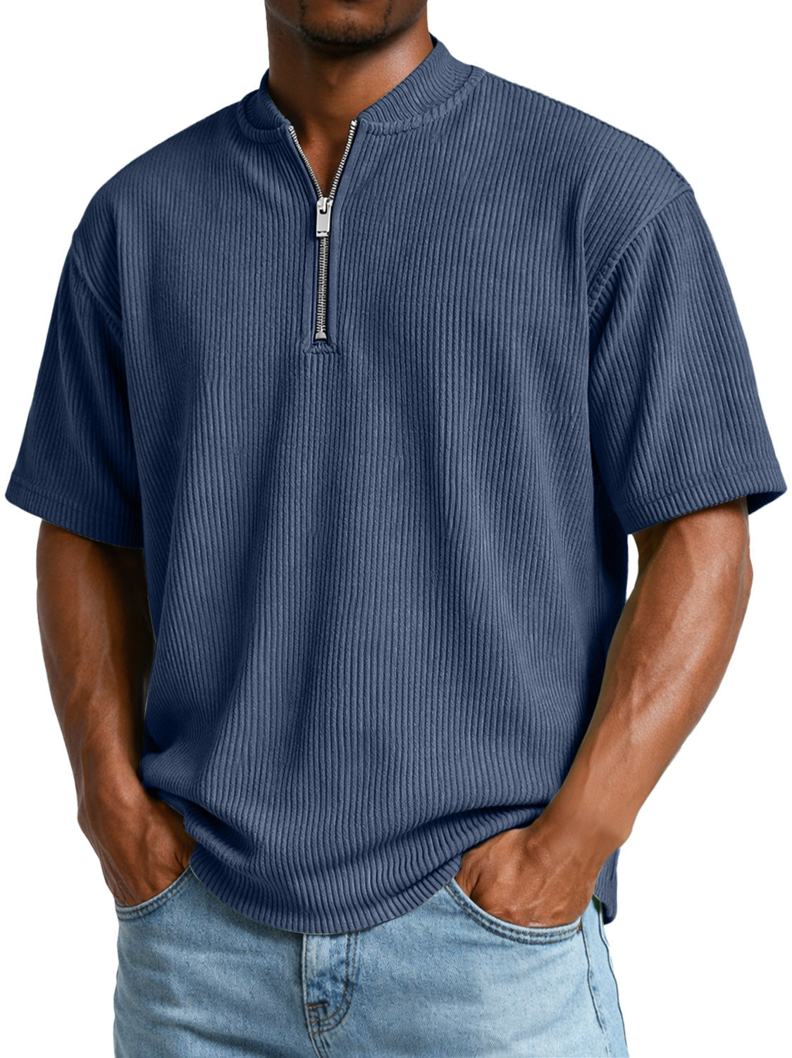 Men's Everyday Ribbed Zip-up Short-sleeved Casual T-shirt