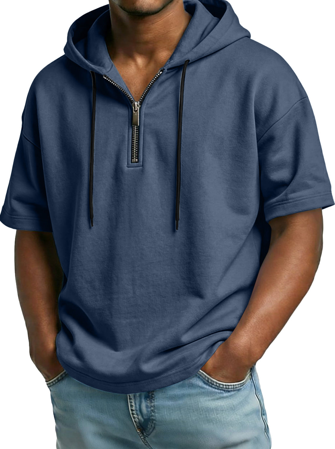 Men's Comfortable Hooded Zip-up Short-sleeved Casual Top