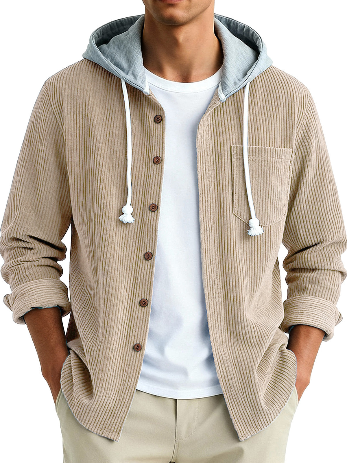  Men's Fashion Vintage Stitching Pit Strip Long Sleeve Pocket Hooded Shirt