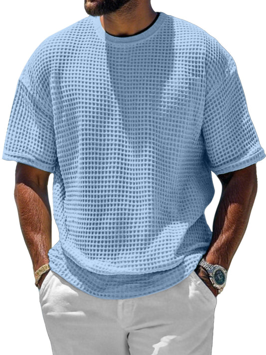 Men's Casual And Comfortable Short-sleeved Solid Color Waffle Round Neck T-shirt