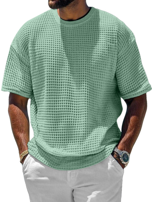 Men's Casual And Comfortable Short-sleeved Solid Color Waffle Round Neck T-shirt