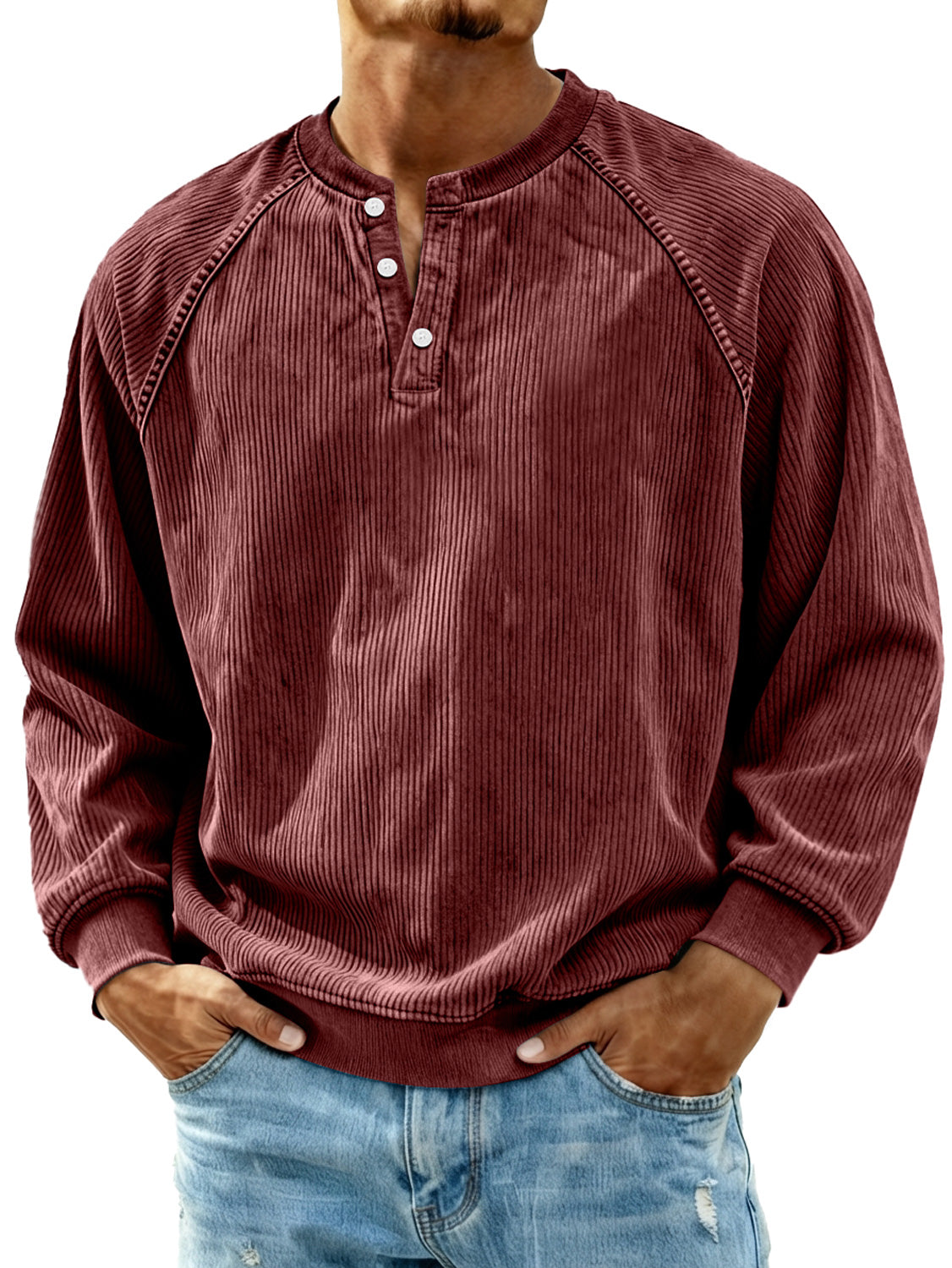 Men's Retro Corduroy Raglan Casual Long-Sleeve Henley Shirt