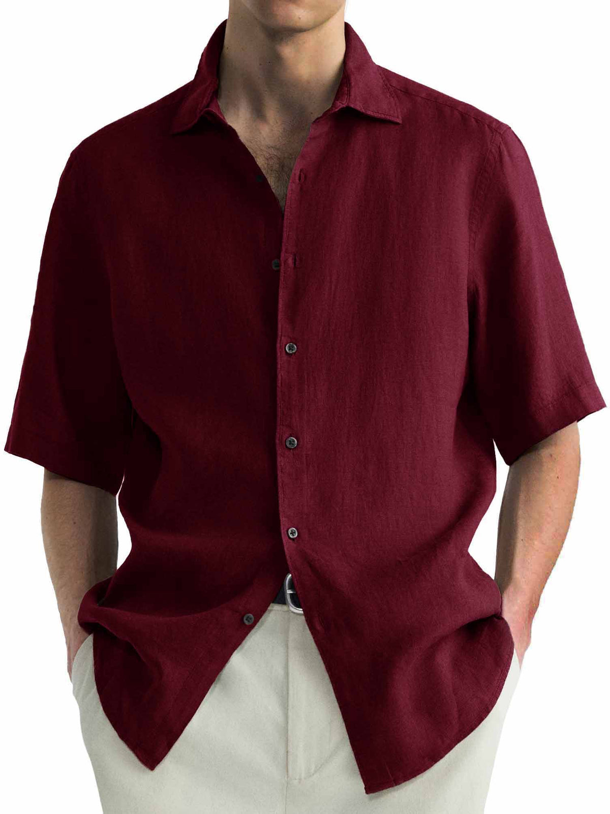 Men's Cotton Hawaiian  Summer Comfortable Casual Basic Solid Color Short Sleeve Shirt
