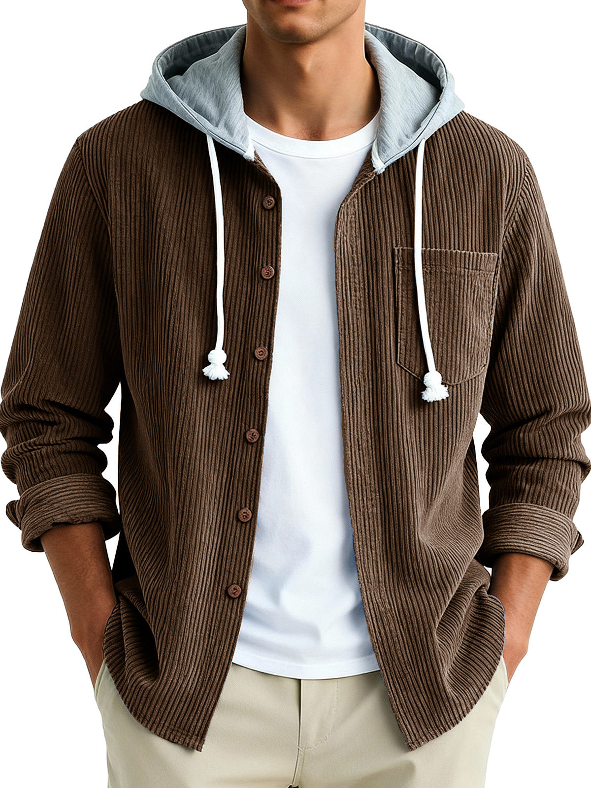  Men's Fashion Vintage Stitching Pit Strip Long Sleeve Pocket Hooded Shirt