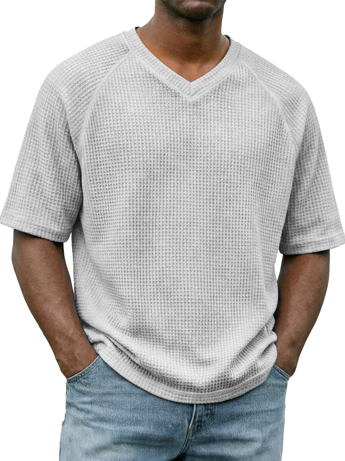 Men's Waffle-knit V-neck Raglan Sleeve Casual Solid Color Short-sleeved Shirt