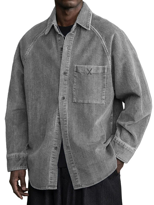 Men's Casual Vintage Pocket X Embroidered Corduroy Long Sleeved Shirt