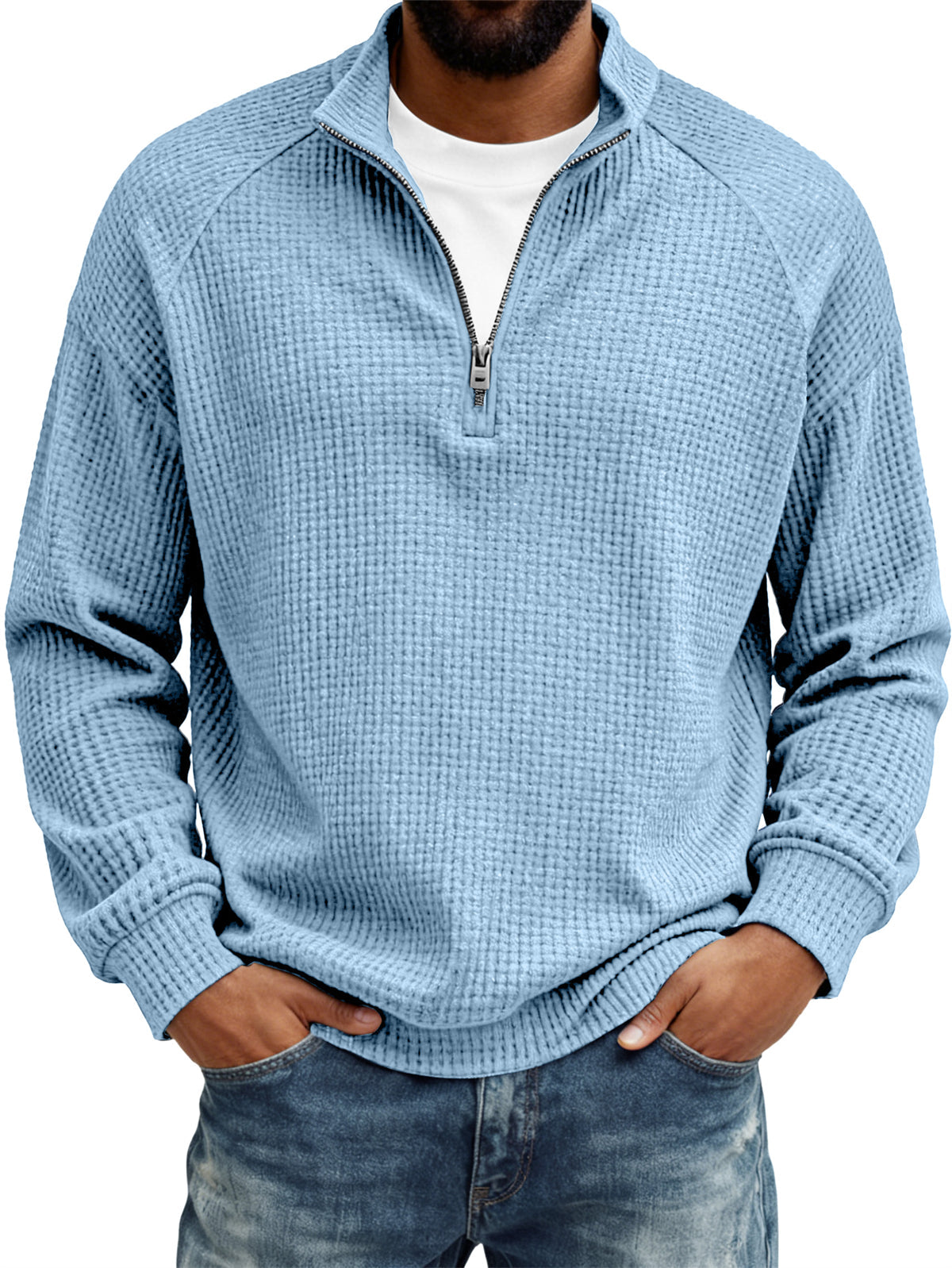 Men's Retro Casual Waffle Fabric Raglan Sleeve Quarter-Zip Long-Sleeve T-Shirt
