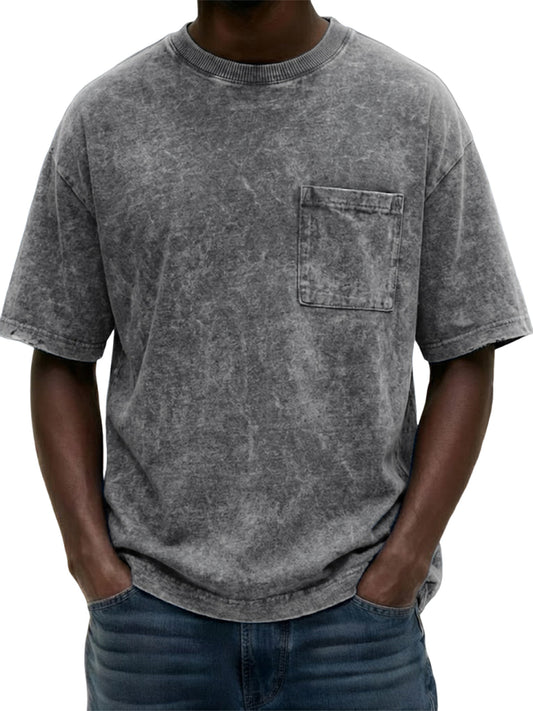 Men's Heavyweight Pure Cotton Washed Distressed Vintage Short-Sleeve T-Shirt with Chest Pocket