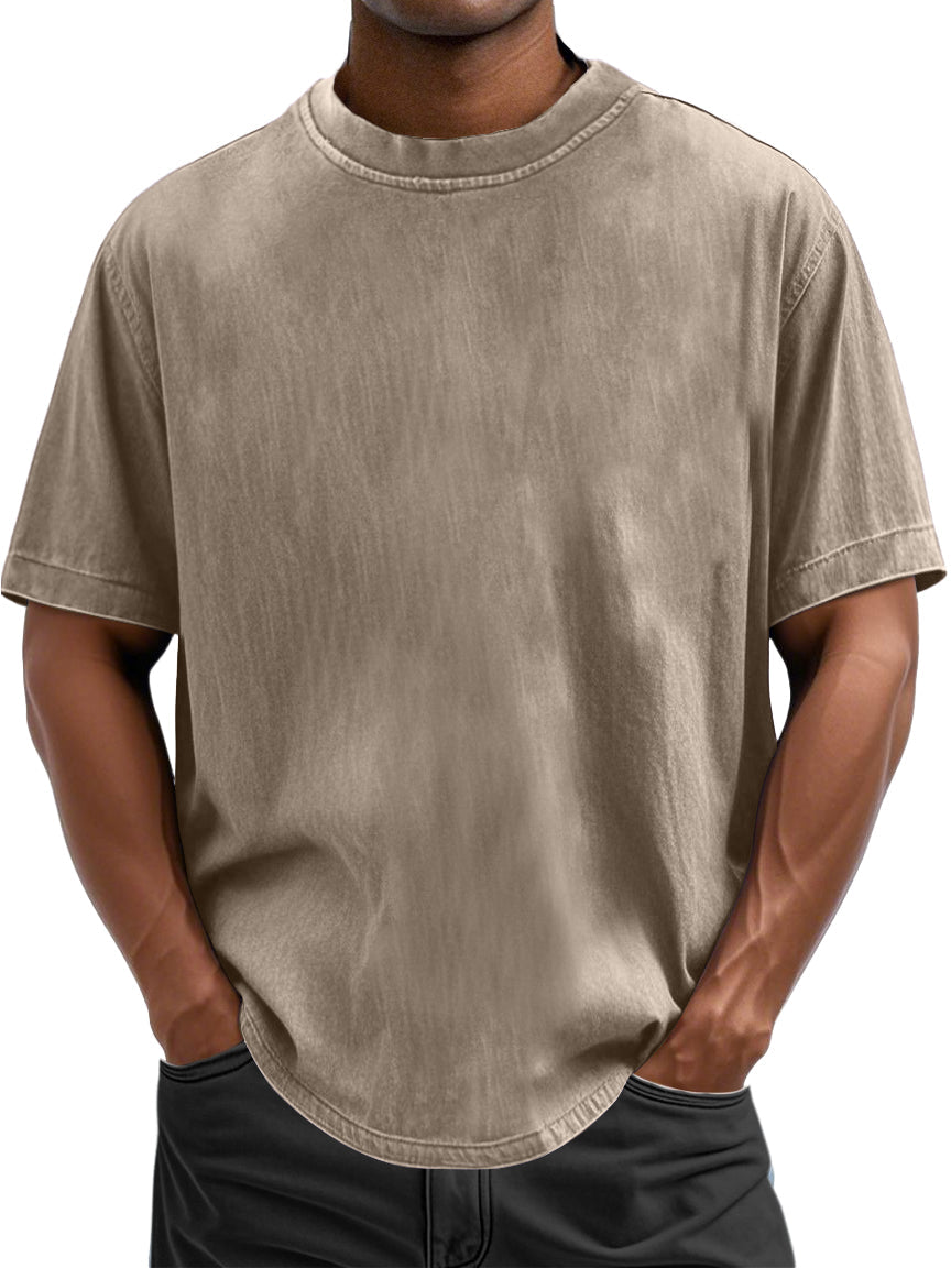 Men's 100% Cotton Casual Basic Versatile Washed Distressed Retro Short-sleeved T-shirt