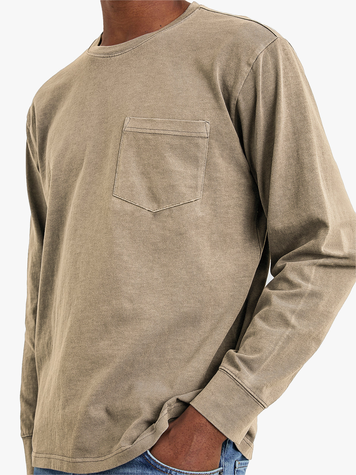 Men's Comfort Vintage Cotton Long Sleeve Basic T-Shirt With Chest Pocket