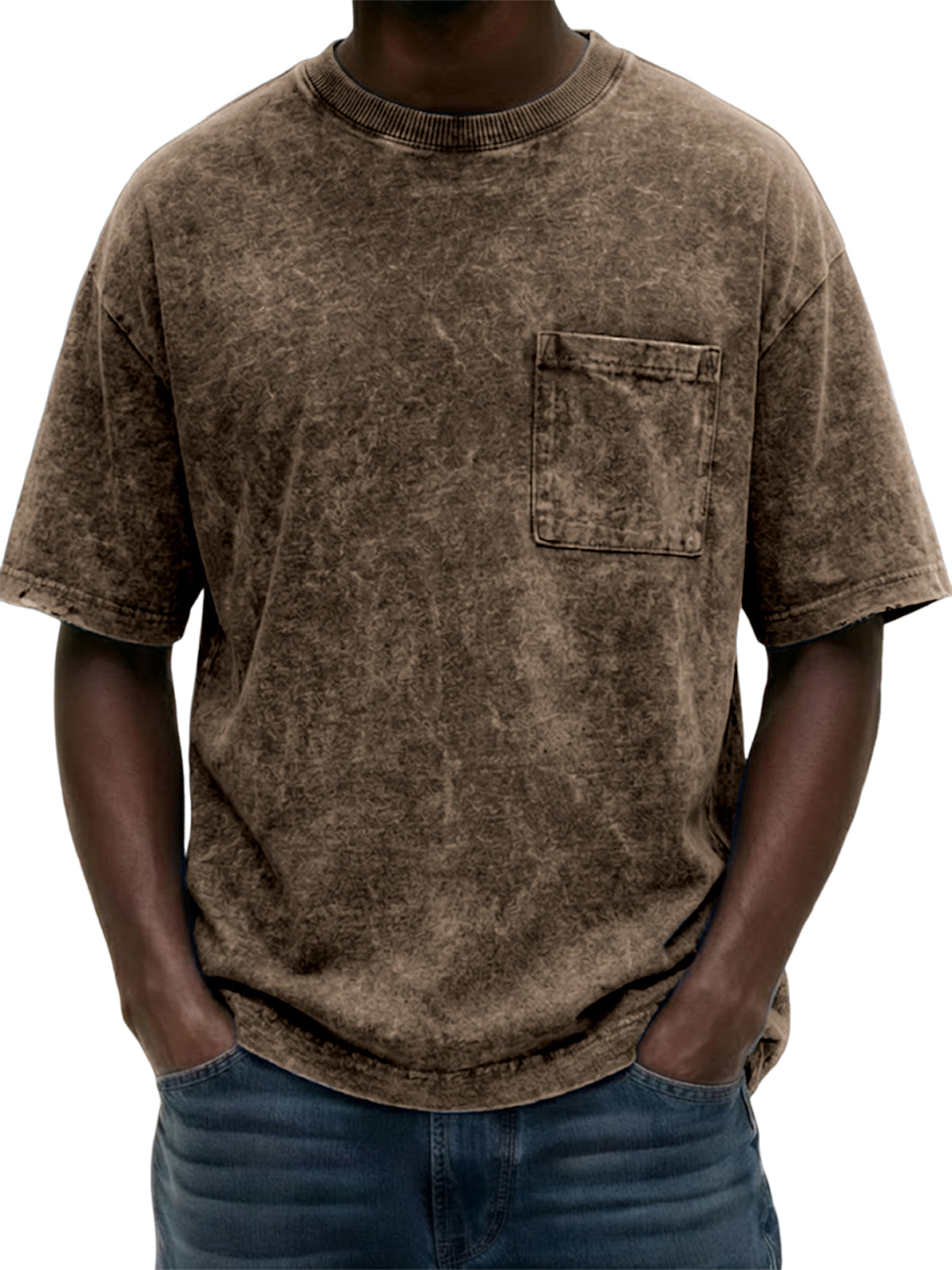 Men's Heavyweight Pure Cotton Washed Distressed Vintage Short-Sleeve T-Shirt with Chest Pocket