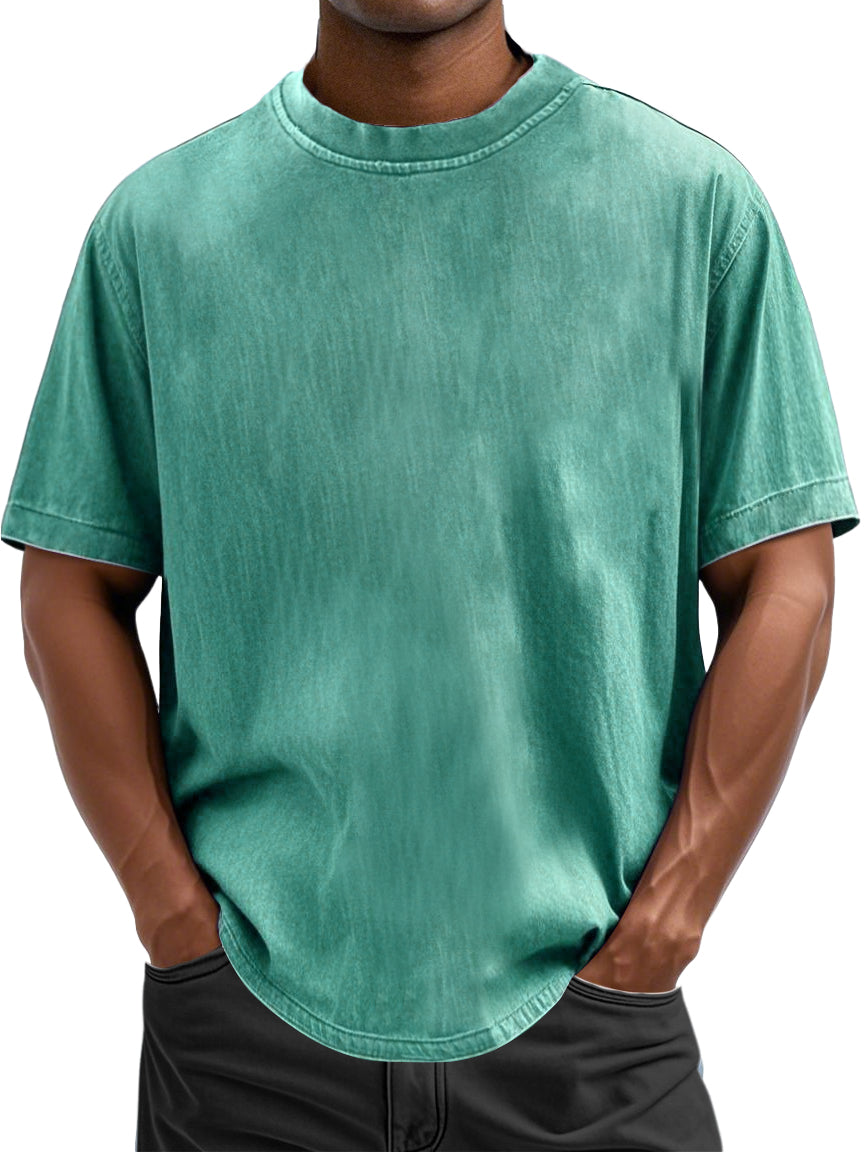 Men's 100% Cotton Casual Basic Versatile Washed Distressed Retro Short-sleeved T-shirt