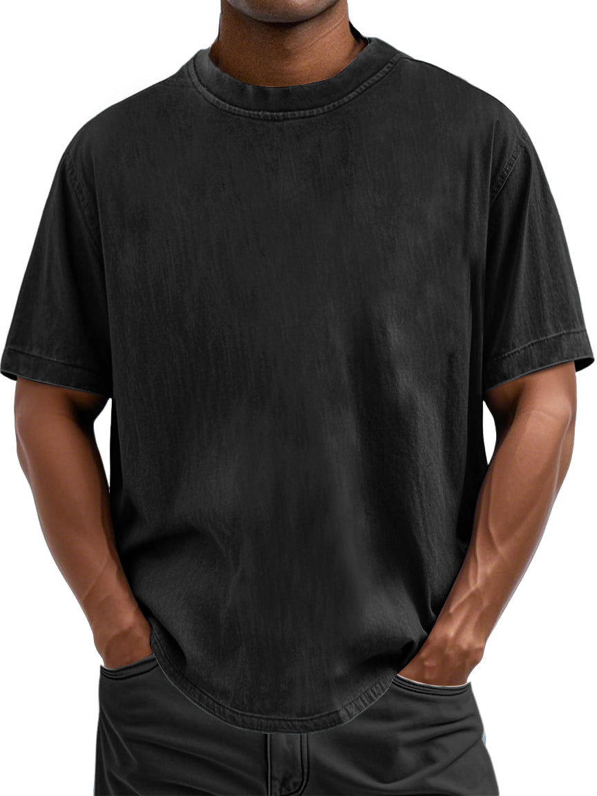 Men's 100% Cotton Casual Basic Versatile Washed Distressed Retro Short-sleeved T-shirt