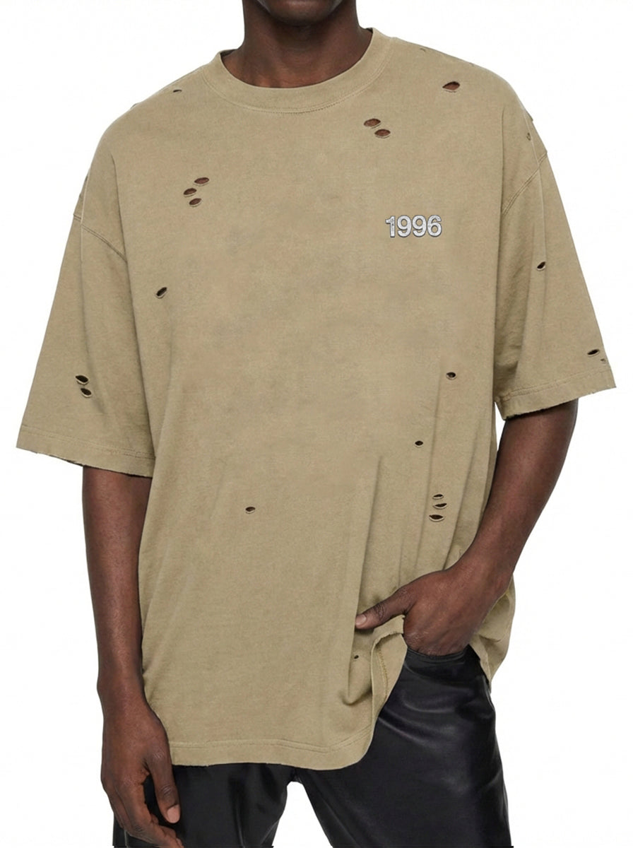 Men's 100% Vintage Distressed Ripped Punk Style Crew Neck Short-Sleeved T-shirt