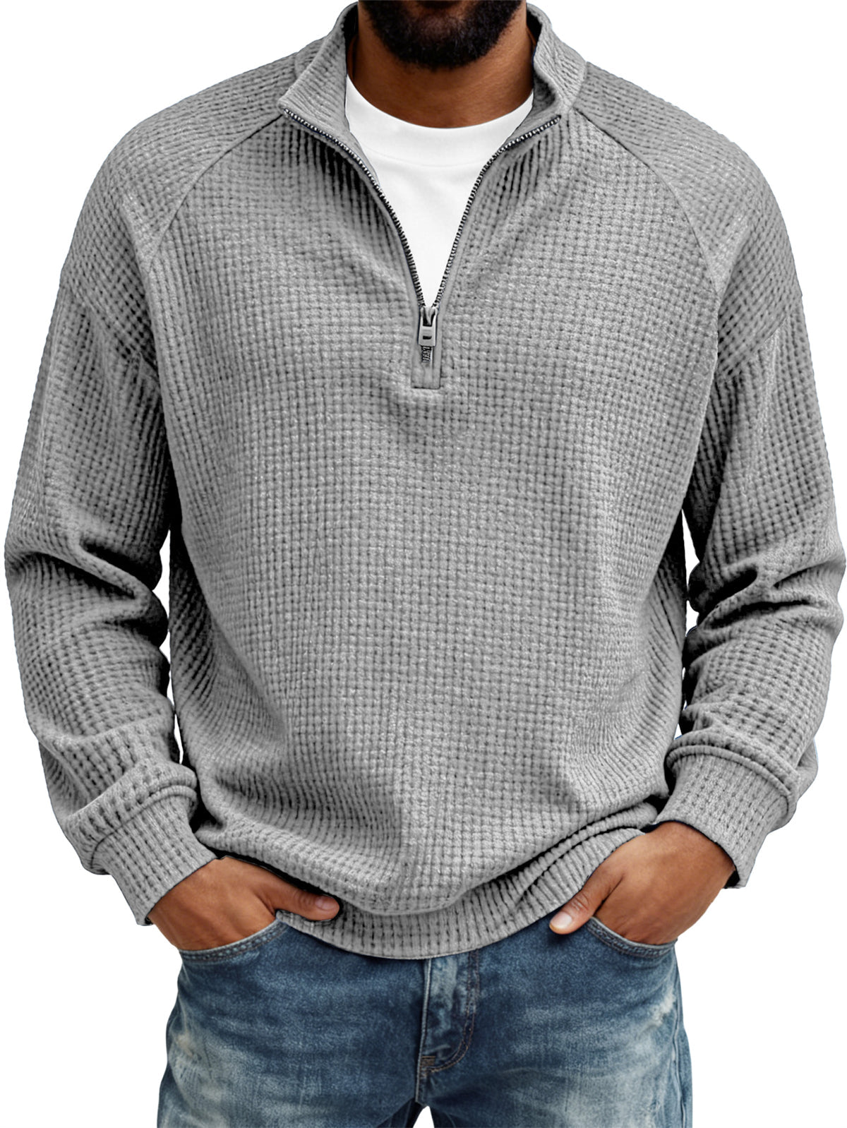 Men's Retro Casual Waffle Fabric Raglan Sleeve Quarter-Zip Long-Sleeve T-Shirt