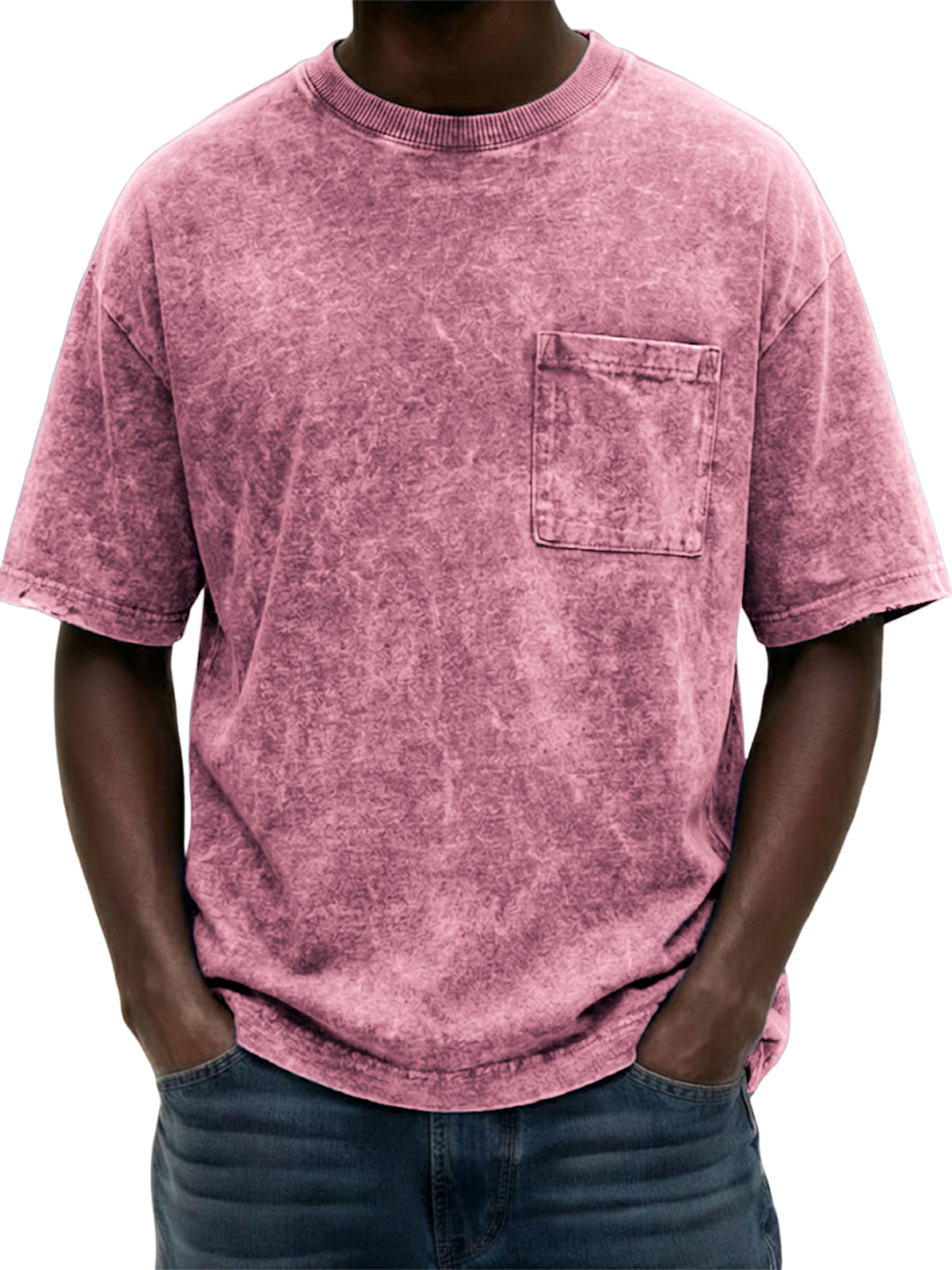 Men's Heavyweight Pure Cotton Washed Distressed Vintage Short-Sleeve T-Shirt with Chest Pocket