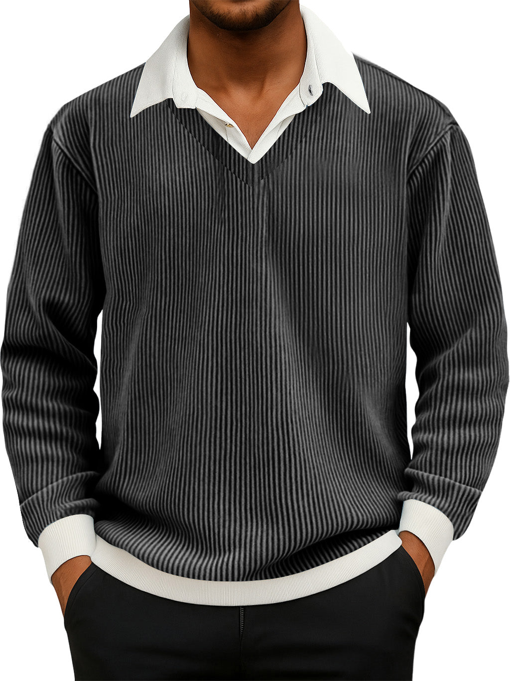 Men's Casual Faux Two-Piece Ribbed Shirt Collar Long Sleeve Sweatshirt