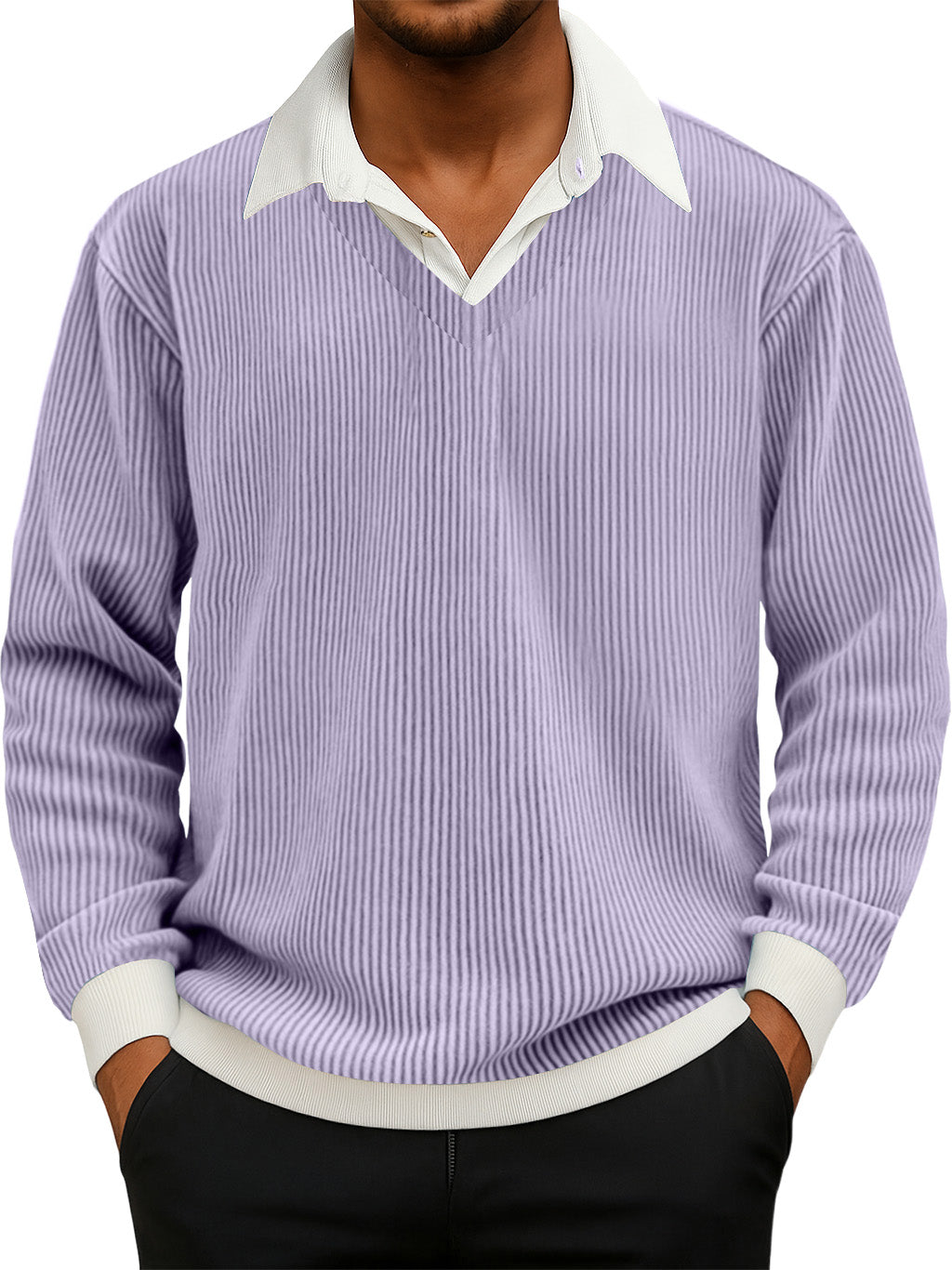 Men's Casual Faux Two-Piece Ribbed Shirt Collar Long Sleeve Sweatshirt