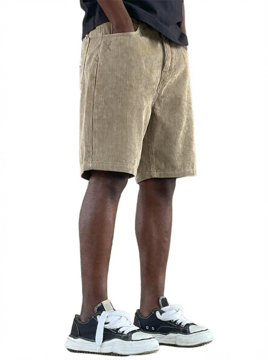 Men's Casual Retro Multi Pocket Embroidered Logo Workwear Corduroy Shorts