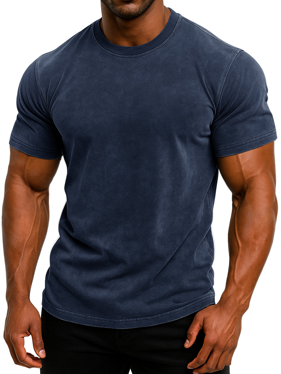 Men's 100% Cotton Retro Washed And Distressed Daily Slim Fit Short-sleeved T-shirt