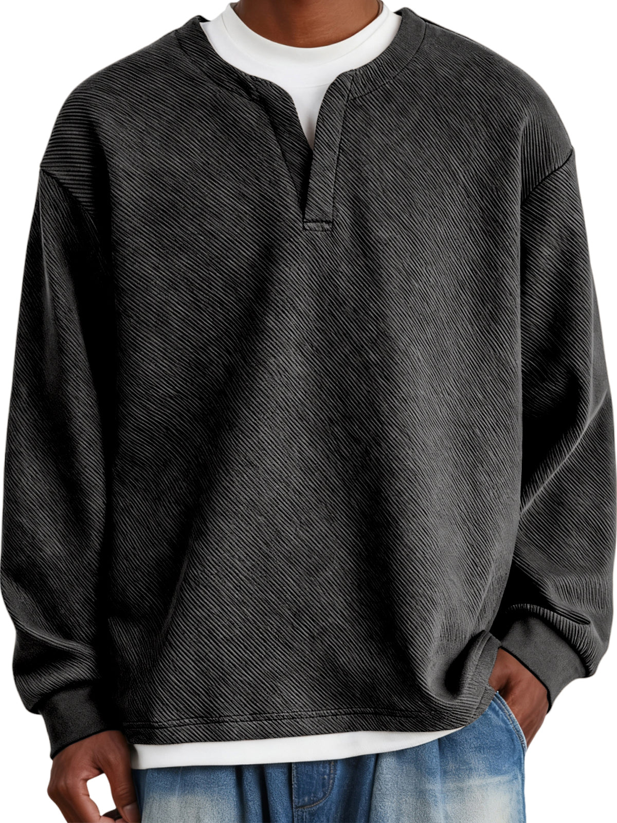 Men's Faux Two-Piece Heavyweight Twill V-Neck Pullover
